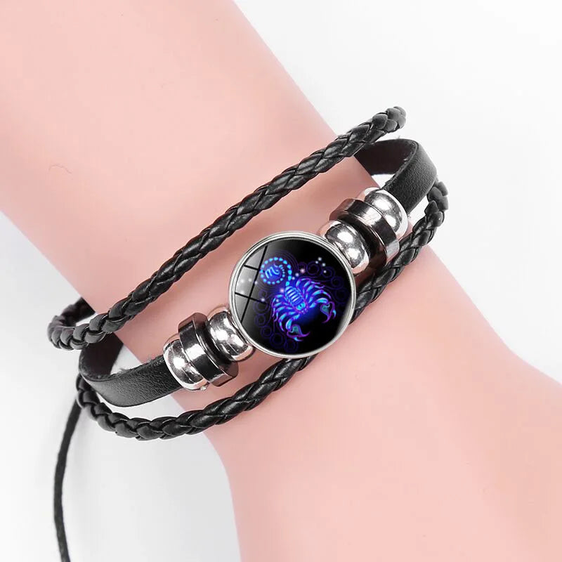 New Men 12 Constellation Black Braided Leather Bracelet Punk Style Zodiac Sign Multilayer Weave Wrap Bracelet For Birthday Gifts