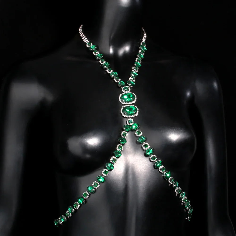 Men's Green Crystal Rhinestone Body Chain Harness Punk Stage Cross Chest Collar | Body Chains | Wiccan Center