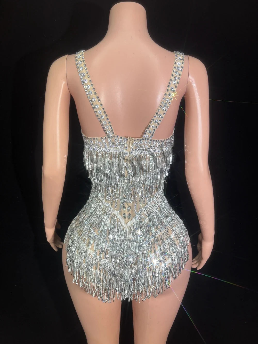 The Stardust Illusion Tassel Bodysuit – Luxury Rhinestone Long-Sleeve Showgirl Costume