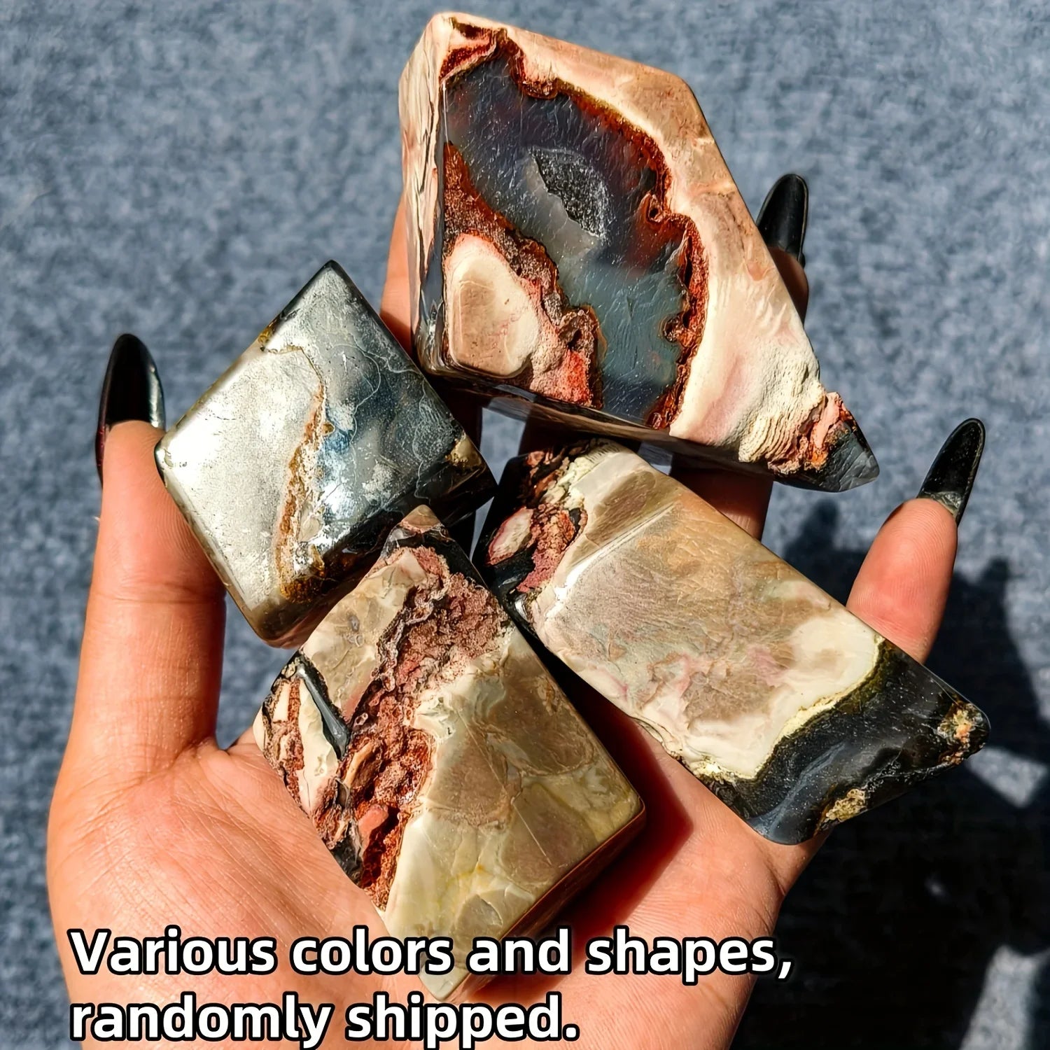 1pc Fluorescent Volcanic Agate Palm Specimen, UV Reactive Red & Green, Freeform Crystal with Black Spots, Home Decor