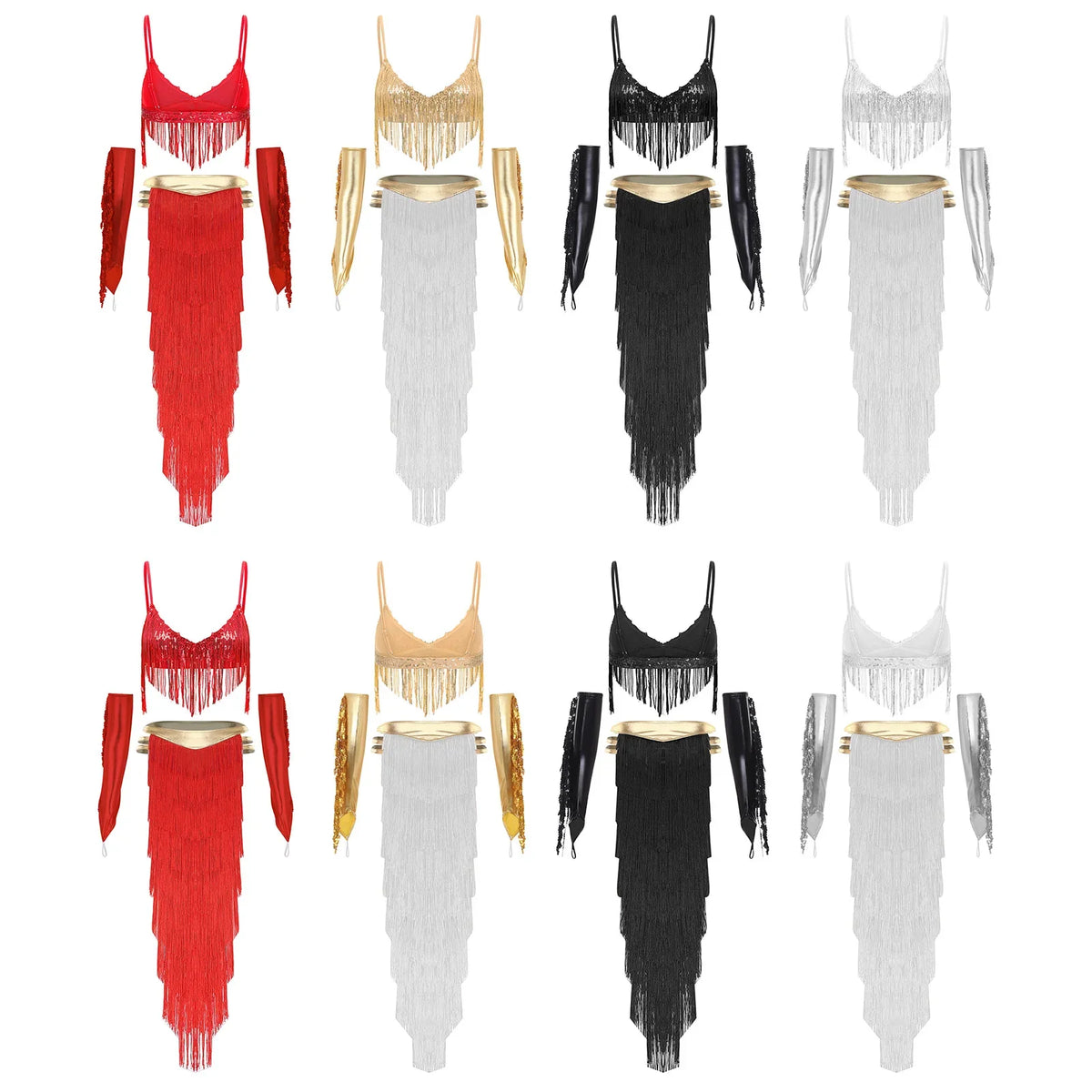 Women Shiny Belly Dance Bra Top with Tassel Slit Skirt Built-in Briefs Gloves Cleopatra Egypt Queen Costume | Costume Sets | Wiccan Center