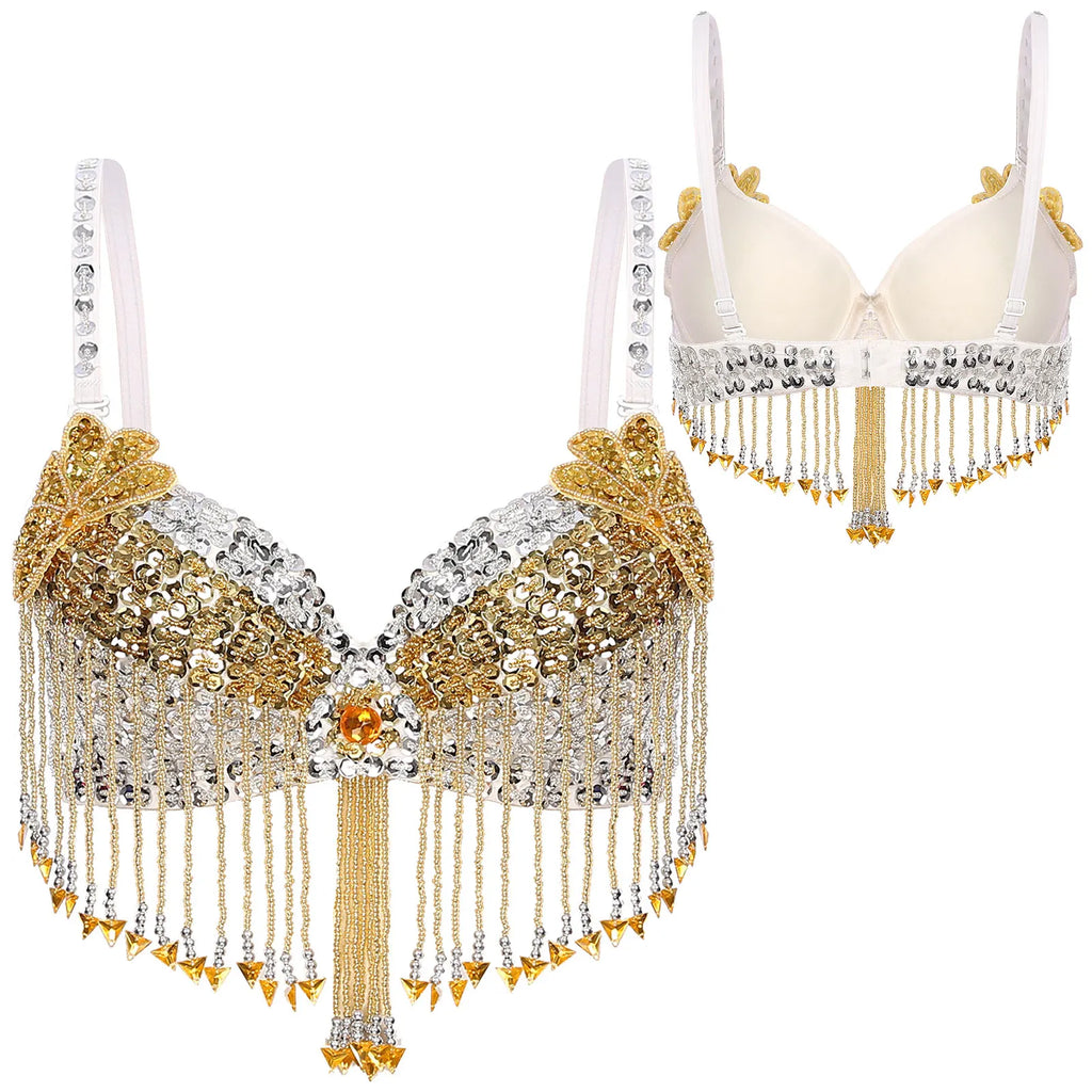 Sparkly Floral Beaded Sequin Belly Dance Bra & Tassel Performance Top | Costume Tops | Wiccan Center