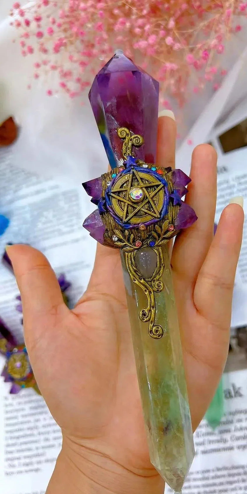 Green Fluorite and Amethyst Pentacle Witch Wand | Magic Wand | Wiccan Center