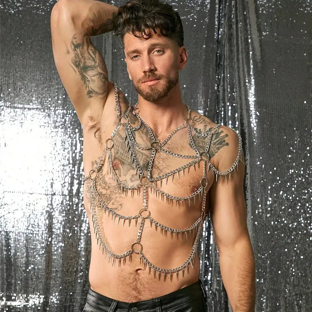 Fashionable Multi-Layer Fringe Men's Body Chain Metal Hanging Neck Iron Ring Vest Sexy Cutout Design Top | Body Chains | Wiccan Center