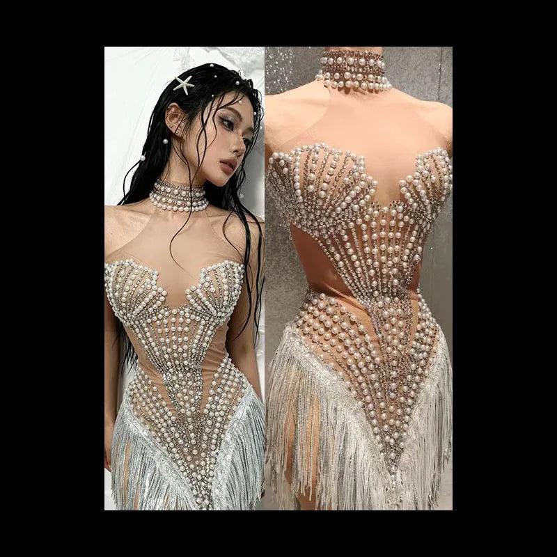 The Stardust Diamond Scallop Bodysuit – Luxury Rhinestone & Tassel Showgirl Costume