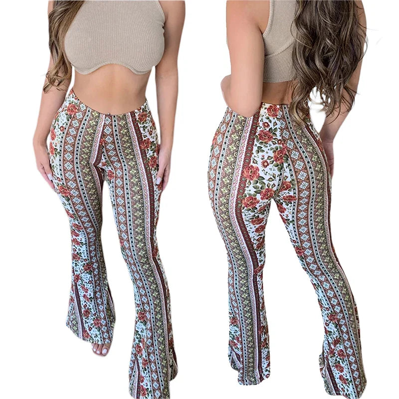 Frauen Boho Flare Pants Ethnic Tribal Print Bell Bottom Yoga Palazzo Hose | | Wiccan Center
