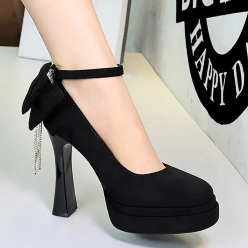 BIGTREE Women's Pointed Toe High Heels Back Bowknot Elegant Flock Ankle Strap Pumps for Women Black Dress Shoe Wedding Party | | Wiccan Center