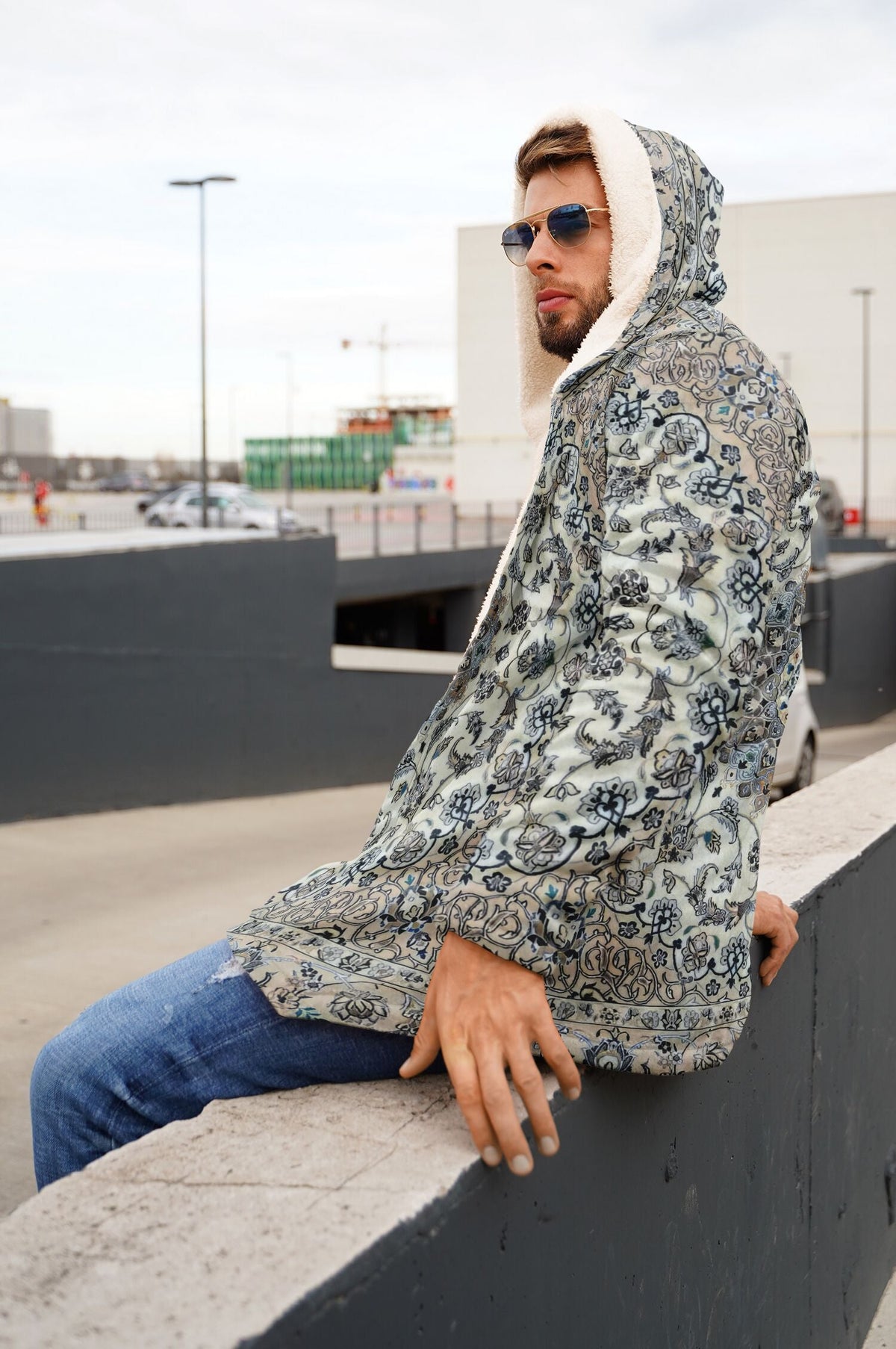 Classic Persian Carpet Cuddle Cloak | Nain, Cream and Soft Blue | Unisex Minky Sherpa Hooded Coat | Women and Mens Festival Coat | Mountain Fashion | Microfleece Cloak - AOP | Wiccan Center
