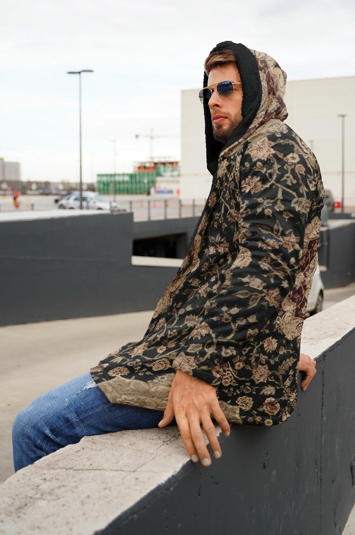 Black and Brown Persian Carpet Cuddle Cloak | Unisex Minky Sherpa Hooded Coat | Women and Mens Festival Coat | Mountain Fashion | Microfleece Cloak - AOP | Wiccan Center