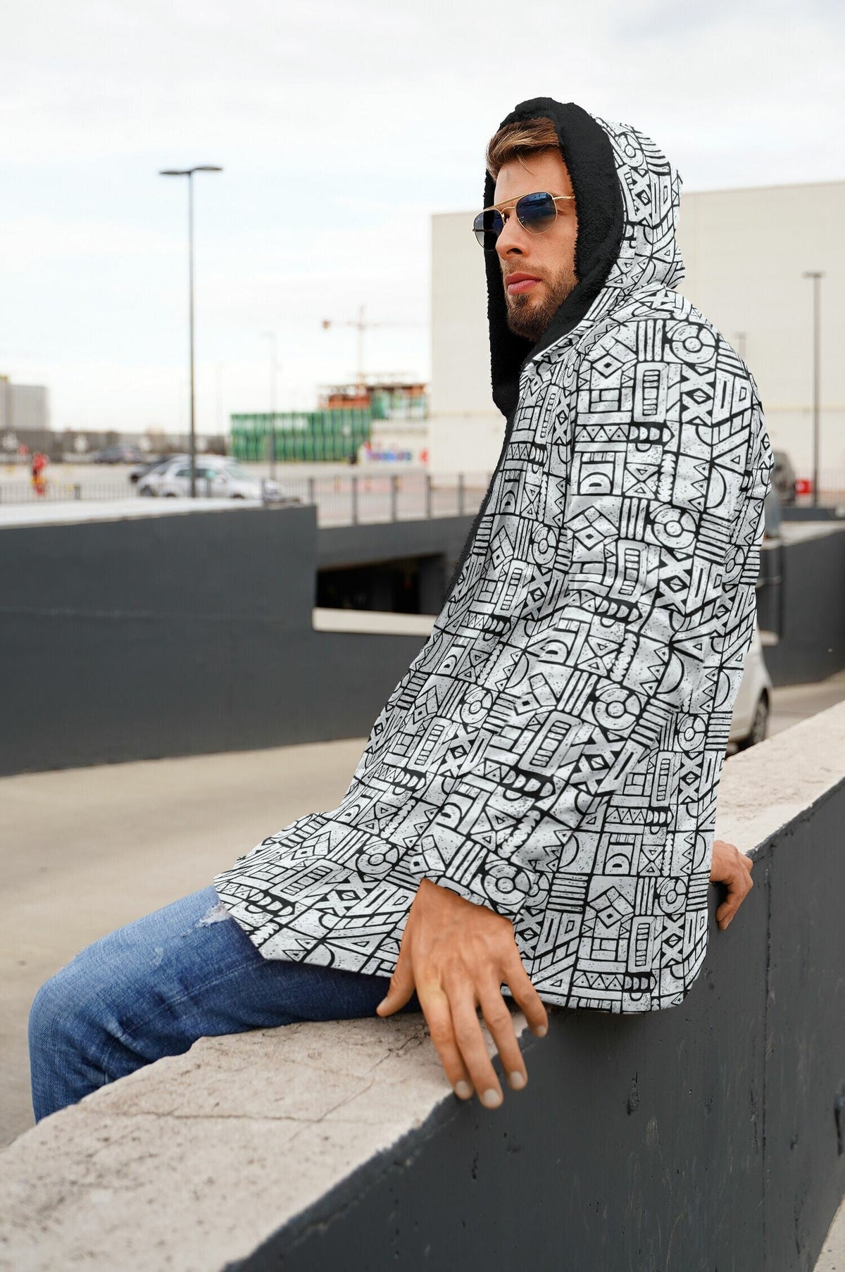 Zentangle Cuddle Cloak | Black White | Unisex Minky Sherpa Lined Hooded Coat | Women and Mens Festival Coat | Mountain Fashion | Microfleece Cloak - AOP | Wiccan Center