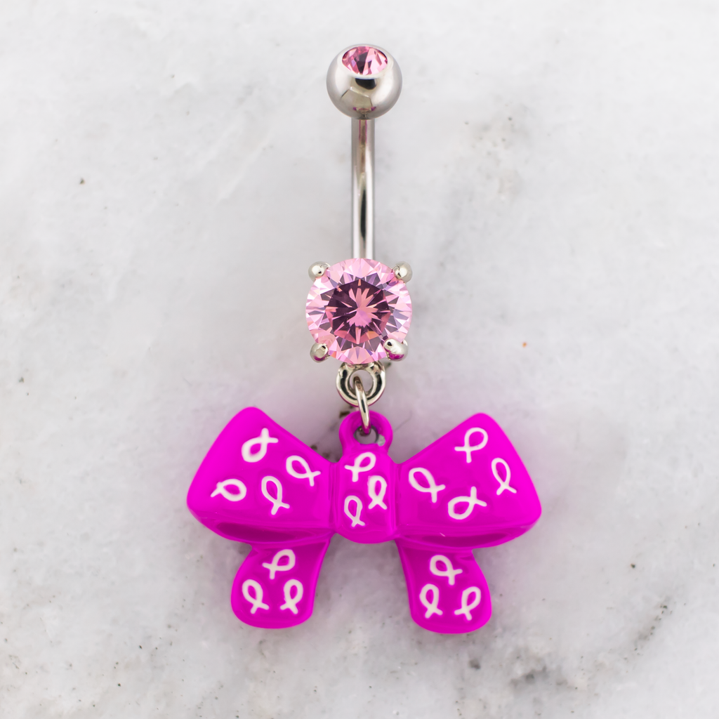 14G Breast Cancer Awareness Bow With Ribbons Navel Ring | | Wiccan Center