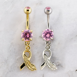 14G Breast Cancer Awareness Feather Ribbon Navel Ring | | Wiccan Center