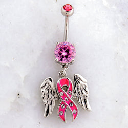 14G Breast Cancer Awareness Gem Ribbon Wings Navel Ring | | Wiccan Center