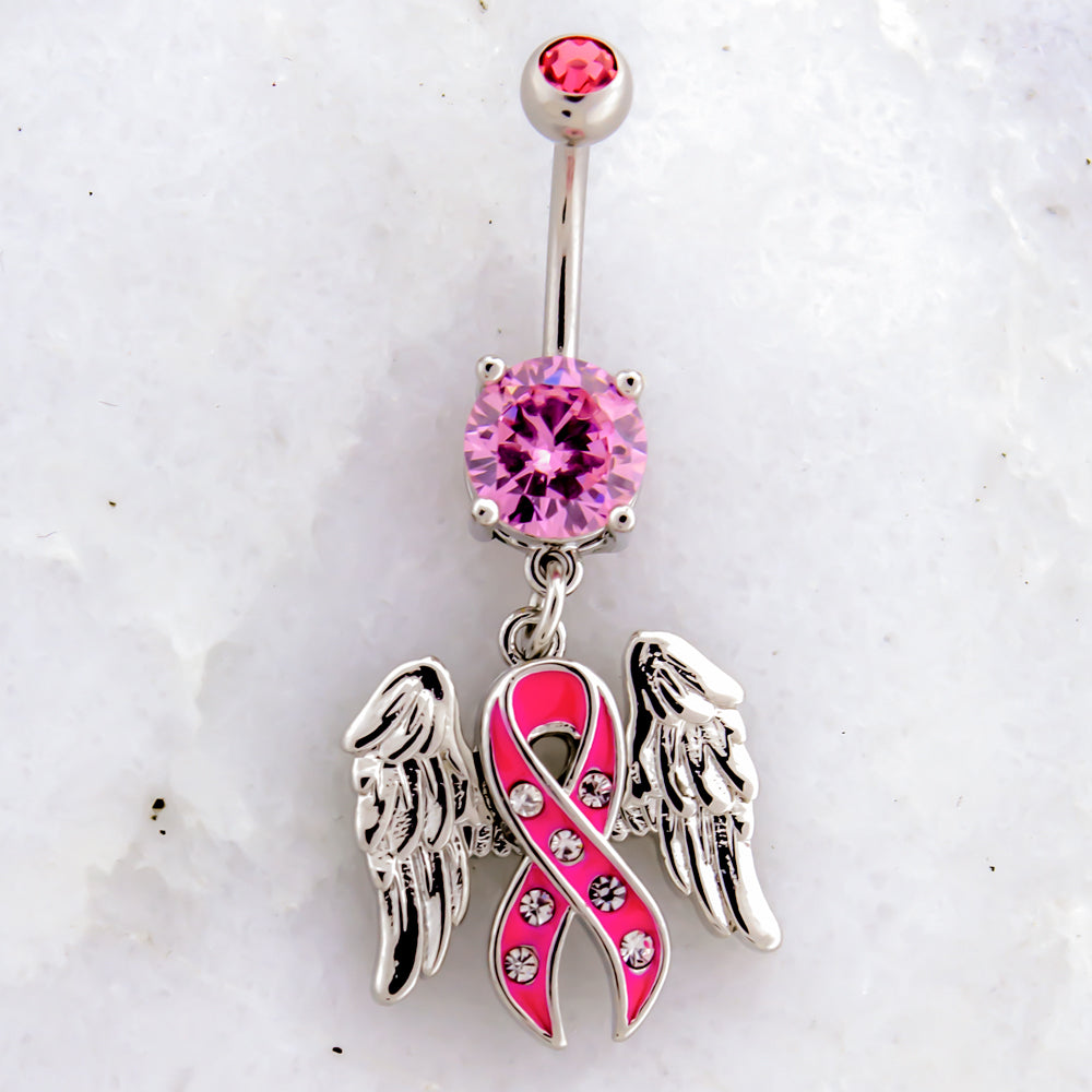 14G Breast Cancer Awareness Gem Ribbon Wings Navel Ring | | Wiccan Center