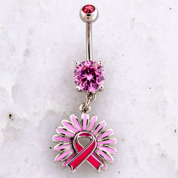 14G Breast Cancer Awareness Sunflower Ribbon Navel Ring | | Wiccan Center