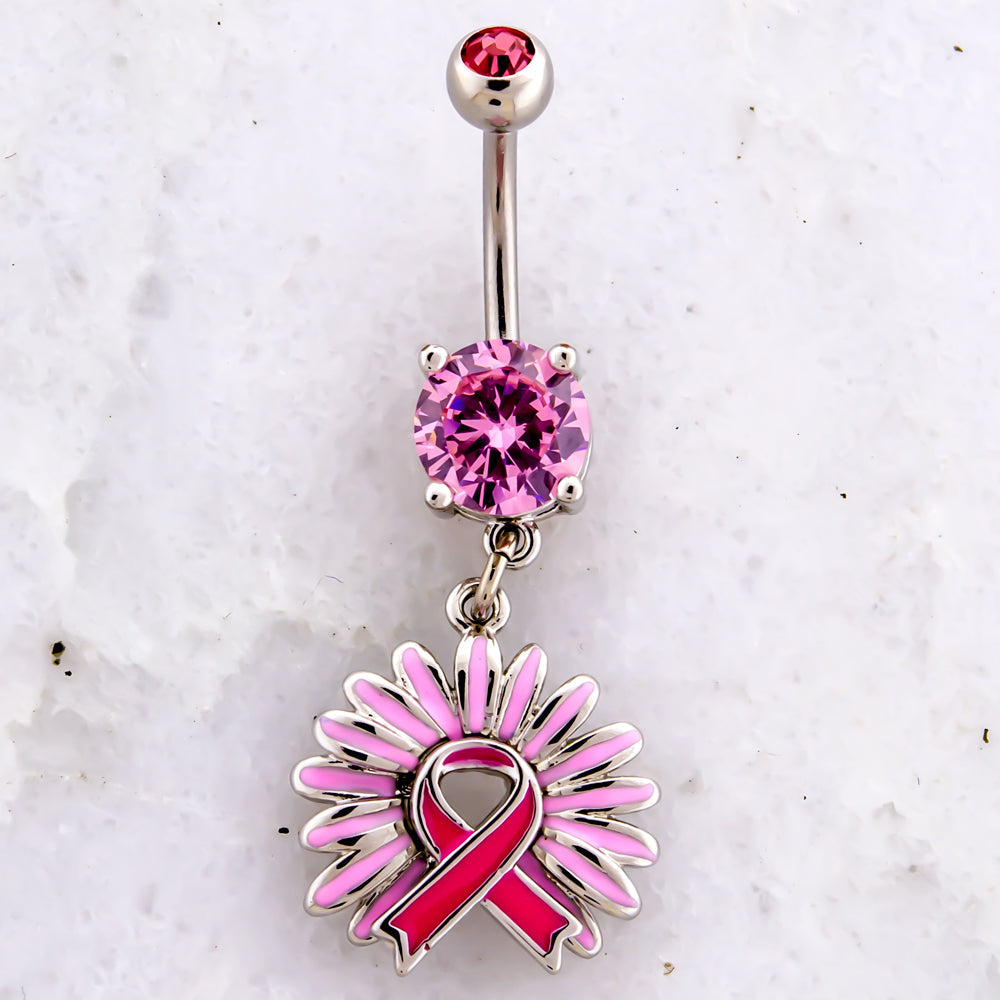 14G Breast Cancer Awareness Sunflower Ribbon Navel Ring