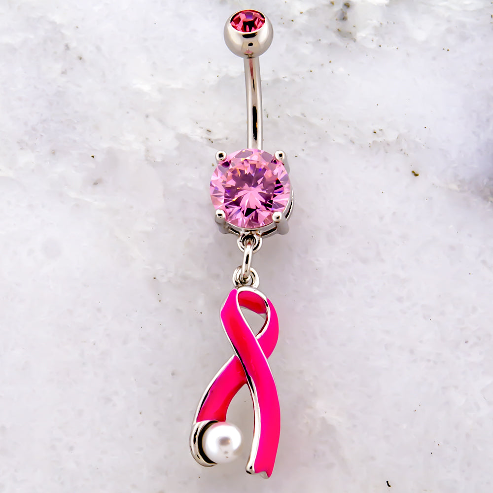14G Breast Cancer Awareness Ribbon with Pearl Navel Ring | | Wiccan Center