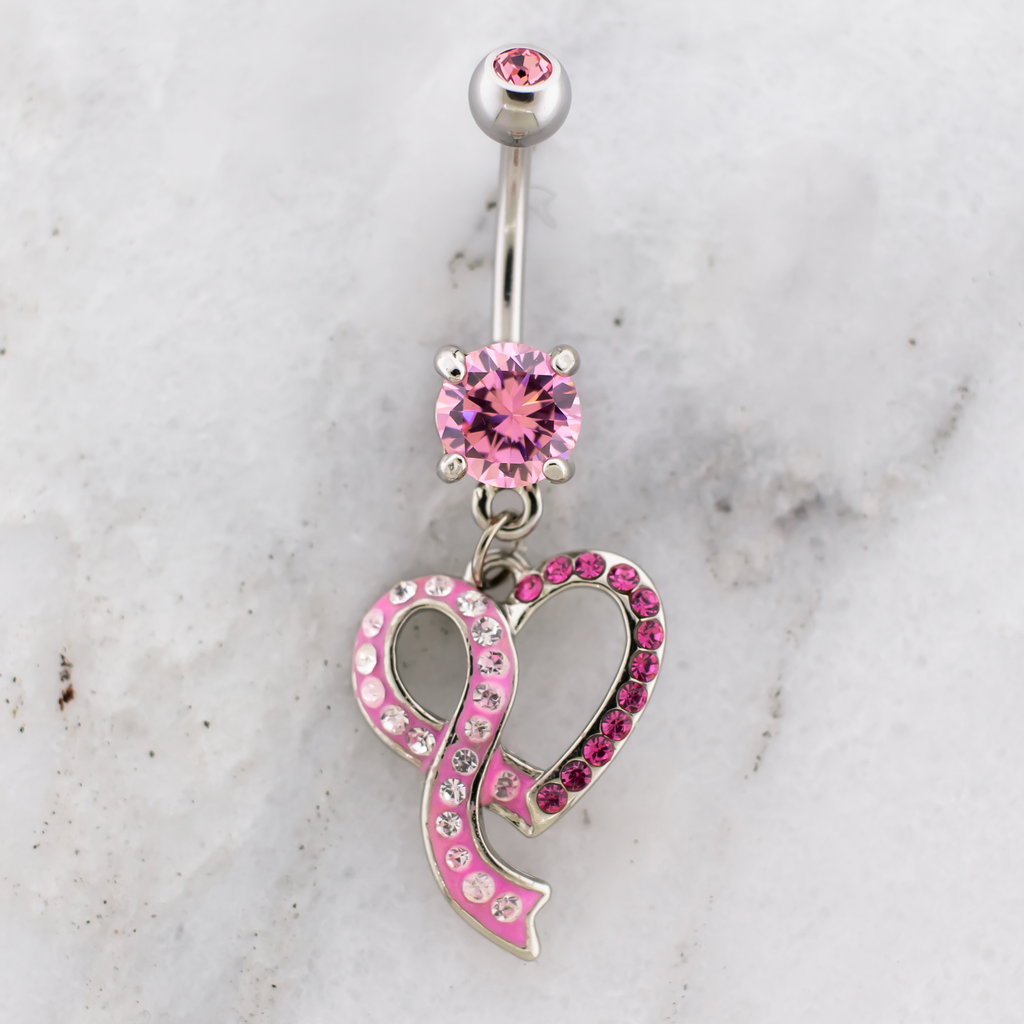 14G Breast Cancer Awareness Pave Heart Ribbon Navel Ring | | Wiccan Center