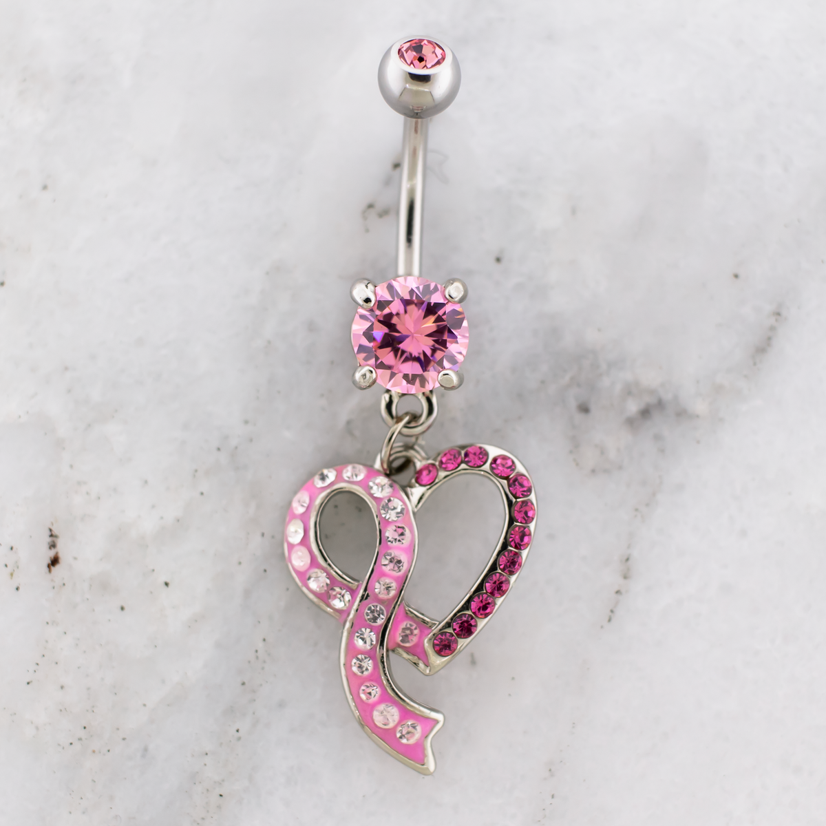 14G Breast Cancer Awareness Pave Heart Ribbon Navel Ring | | Wiccan Center