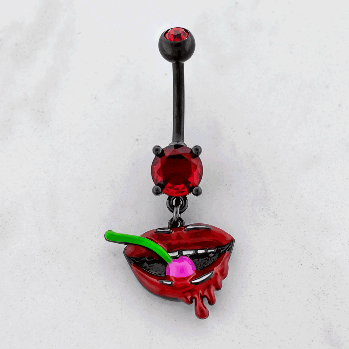 14G Black PVD Lips with Cherry Navel Ring | Body Jewelry | Wiccan Center