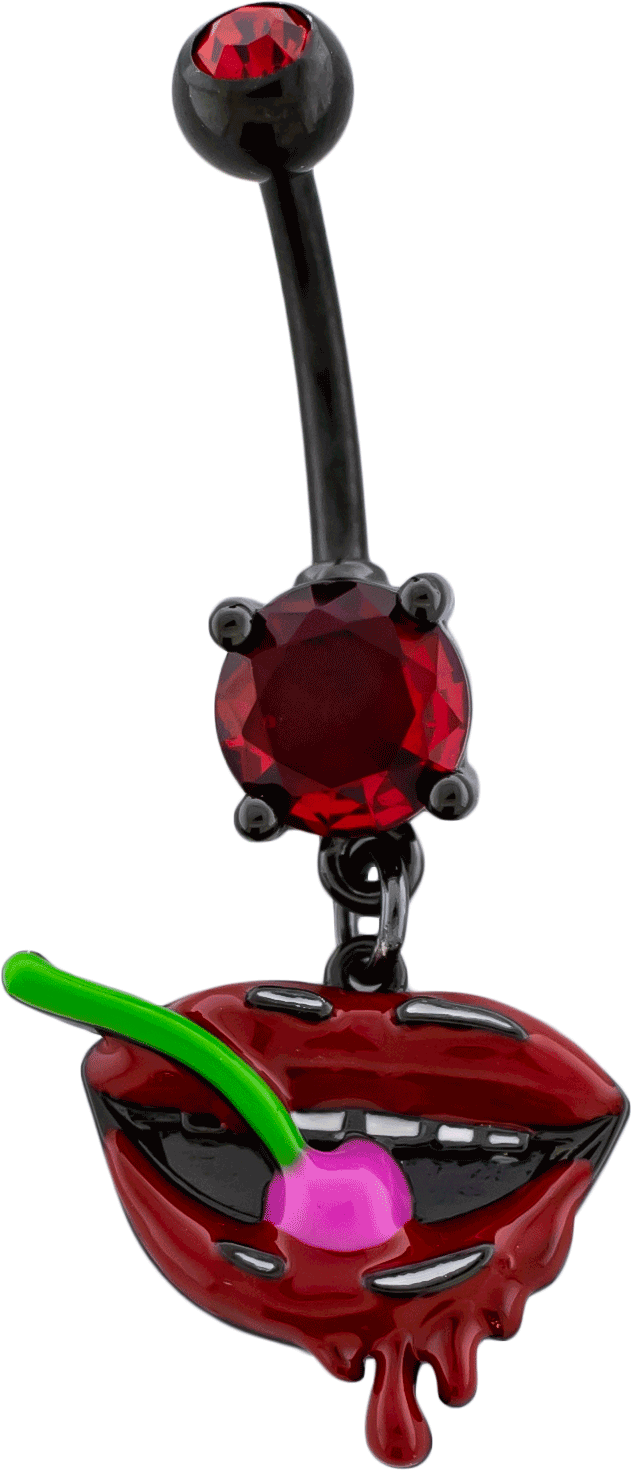 14G Black PVD Lips with Cherry Navel Ring | Body Jewelry | Wiccan Center