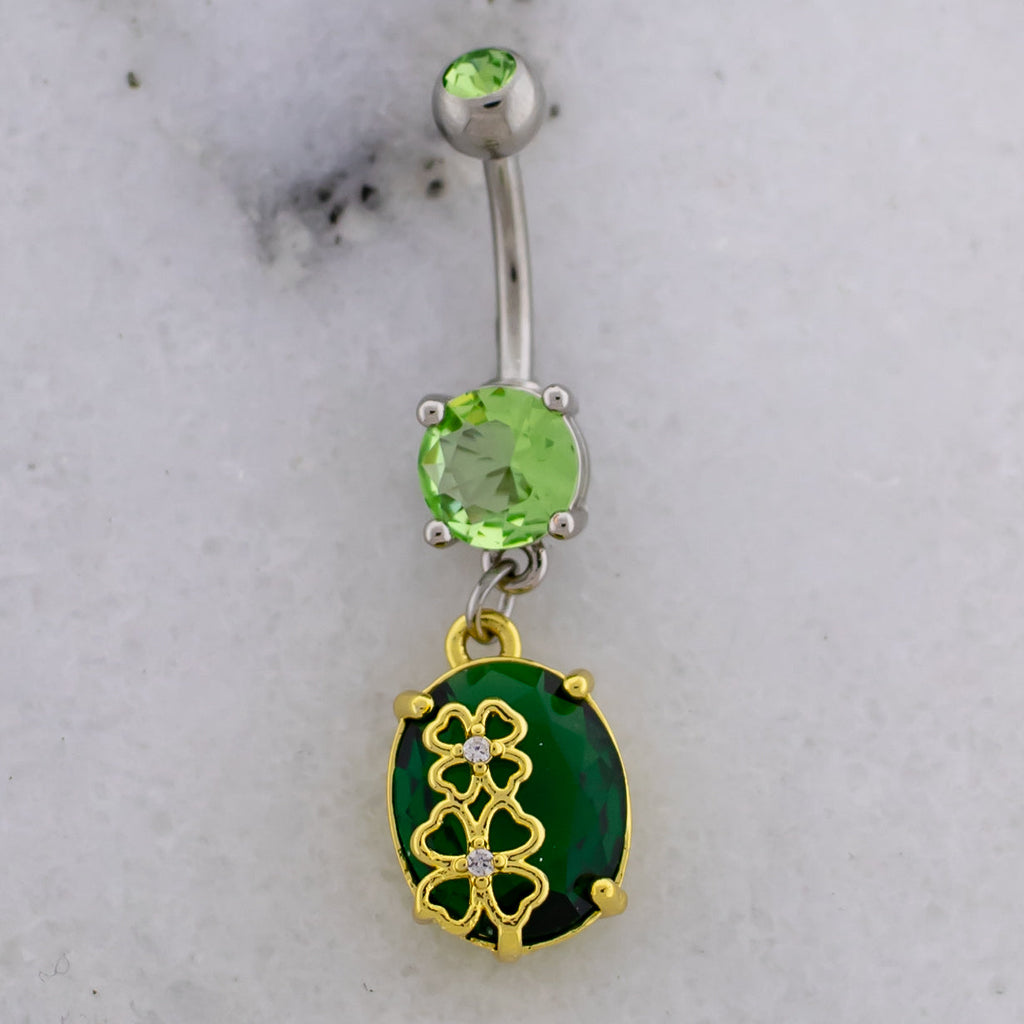 14G Green Gem With Clover Navel Ring | | Wiccan Center