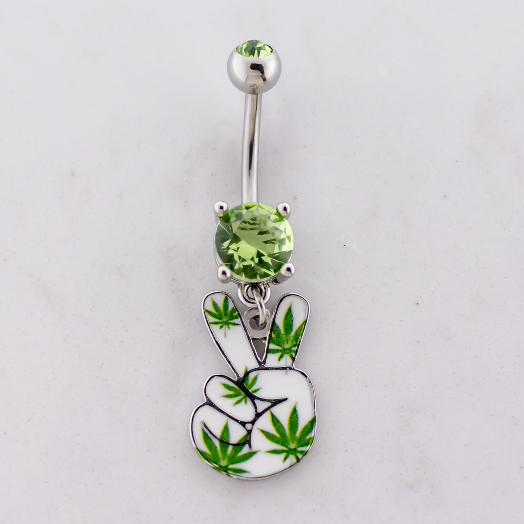 14G Peace Sign Hand Pot Leaf Navel Ring | Body Jewelry | Wiccan Center