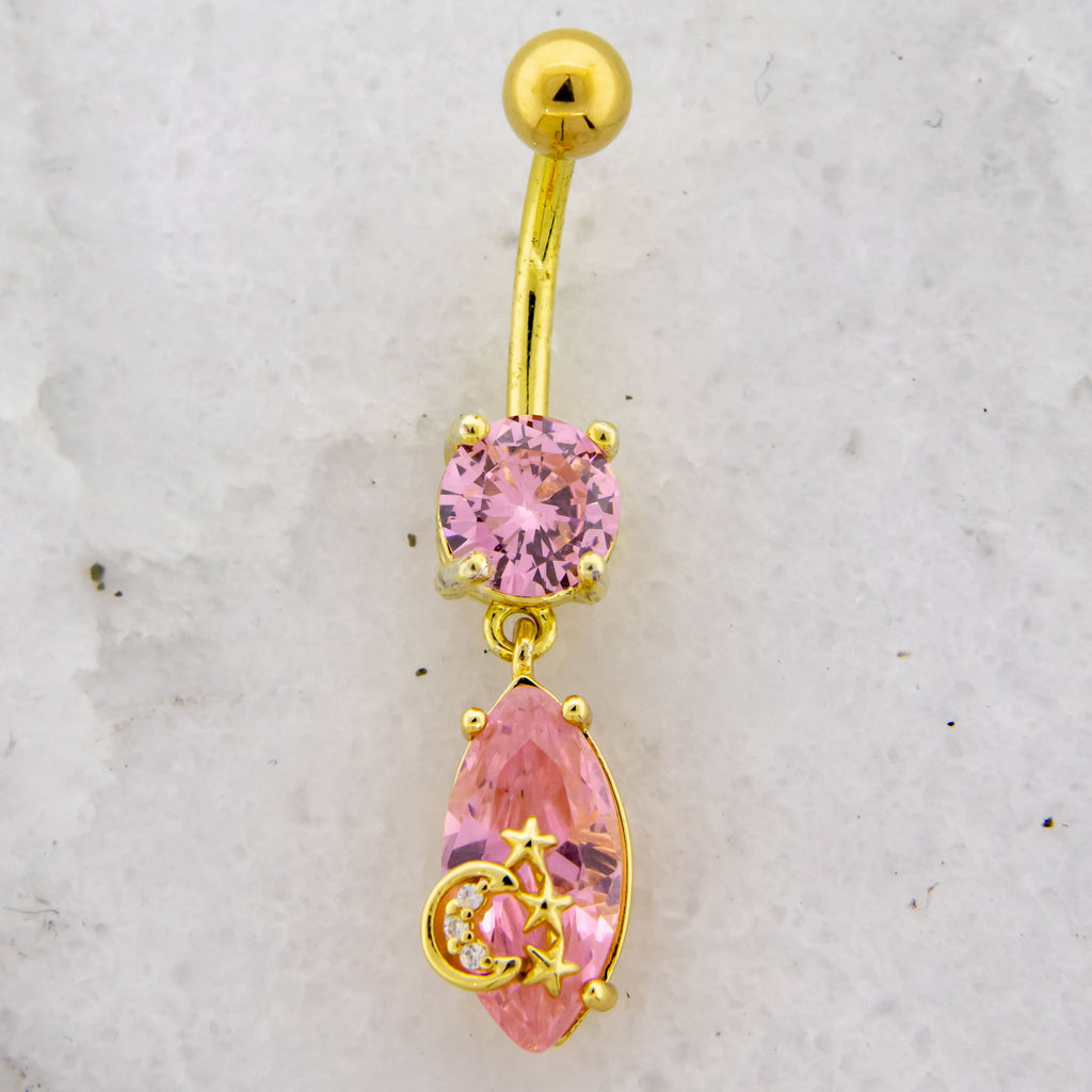 14G Pink Teardrop Gem With Moon and Stars Navel Ring | | Wiccan Center