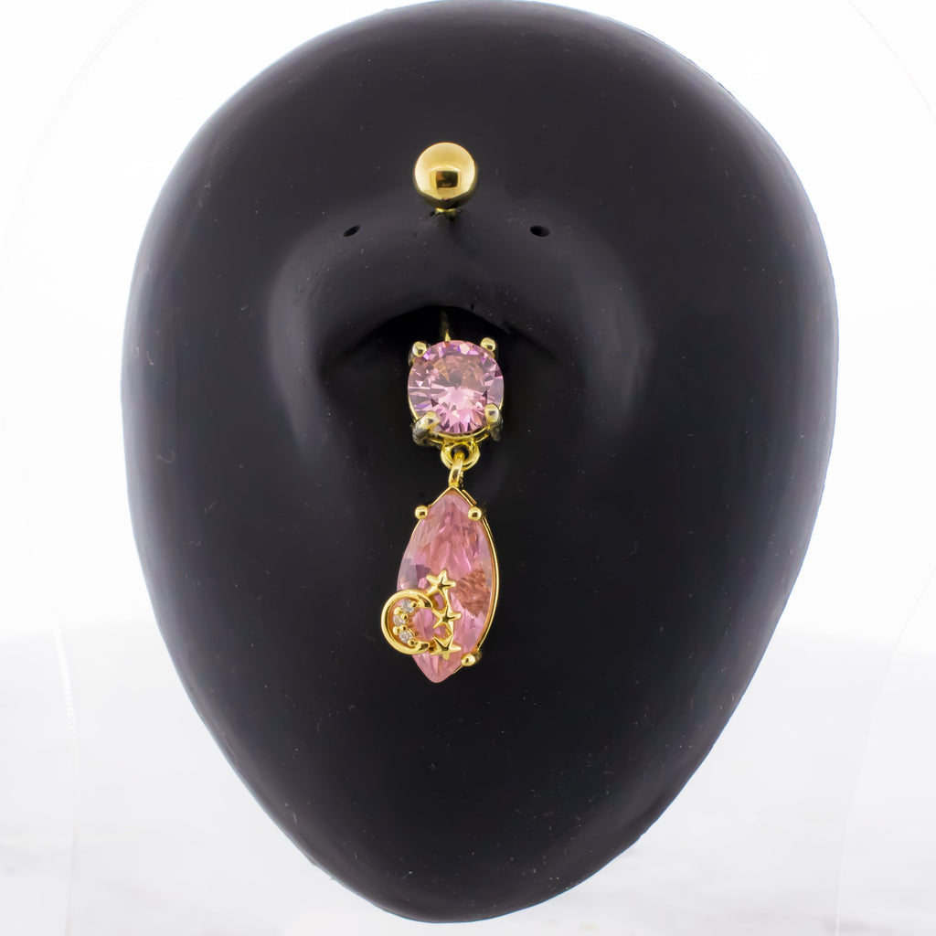14G Pink Teardrop Gem With Moon and Stars Navel Ring | | Wiccan Center