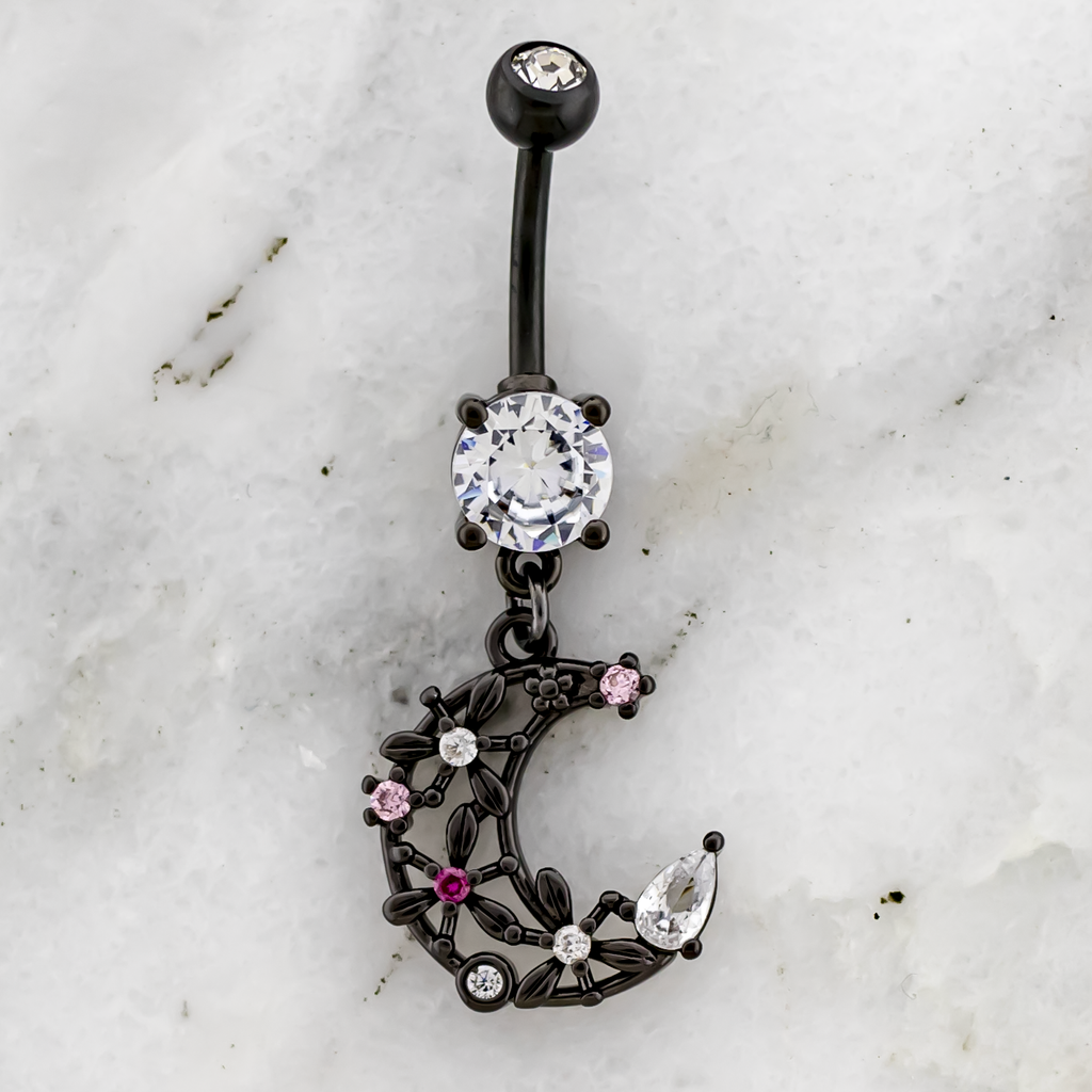 14G Flower Crescent Moon Navel Ring | | Wiccan Center