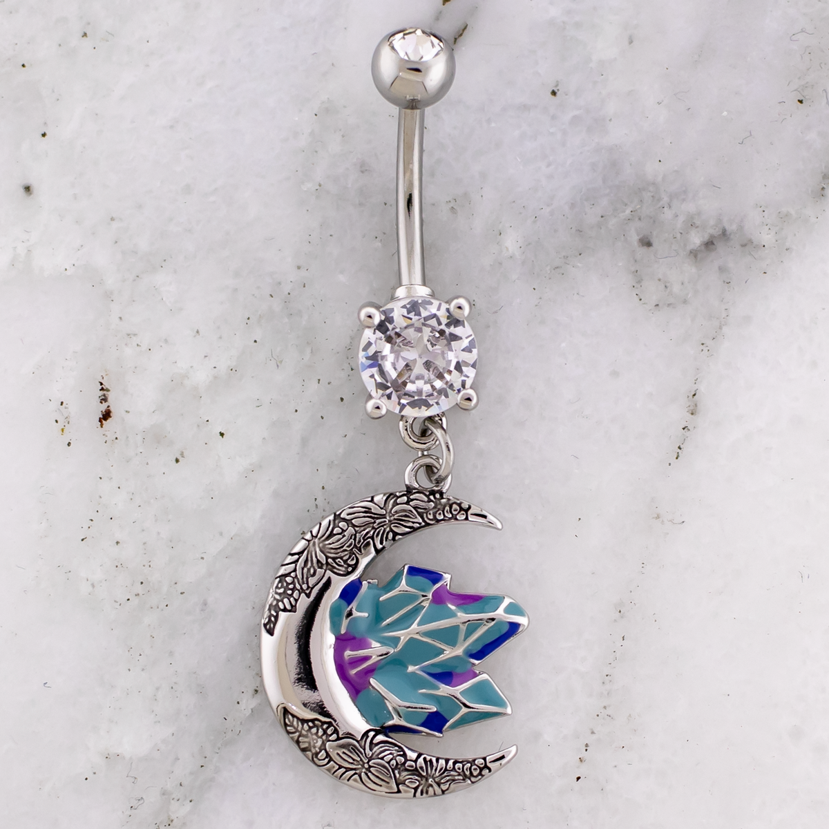 14G Floral Print Moon With Enamel Crystal Navel Ring