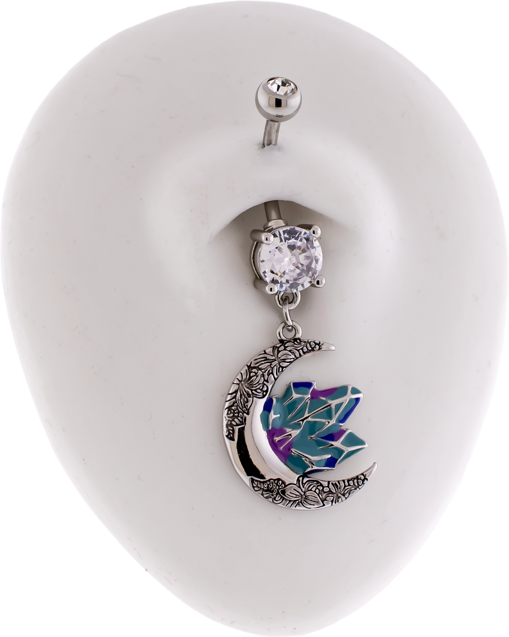 14G Floral Print Moon With Enamel Crystal Navel Ring | | Wiccan Center