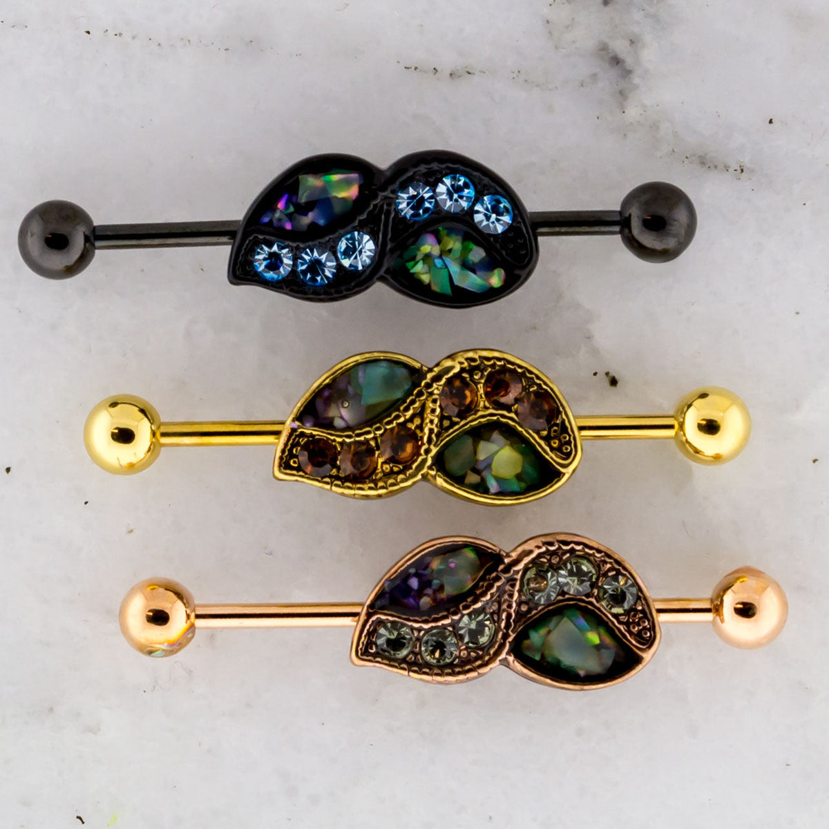 14G Abalone Shell Inlay Industrial Barbell