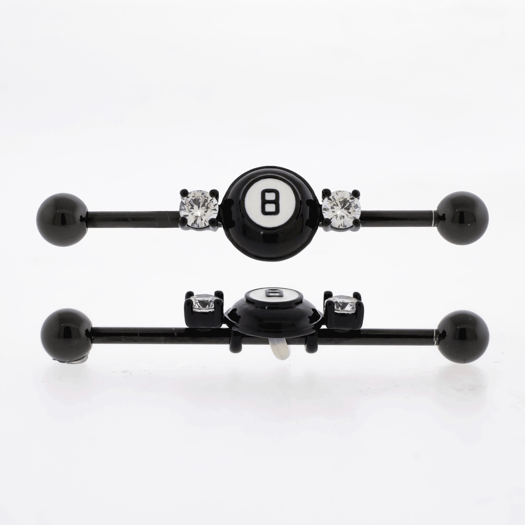 14G Industrial Barbell - Black Eight Ball | Body Jewelry | Wiccan Center