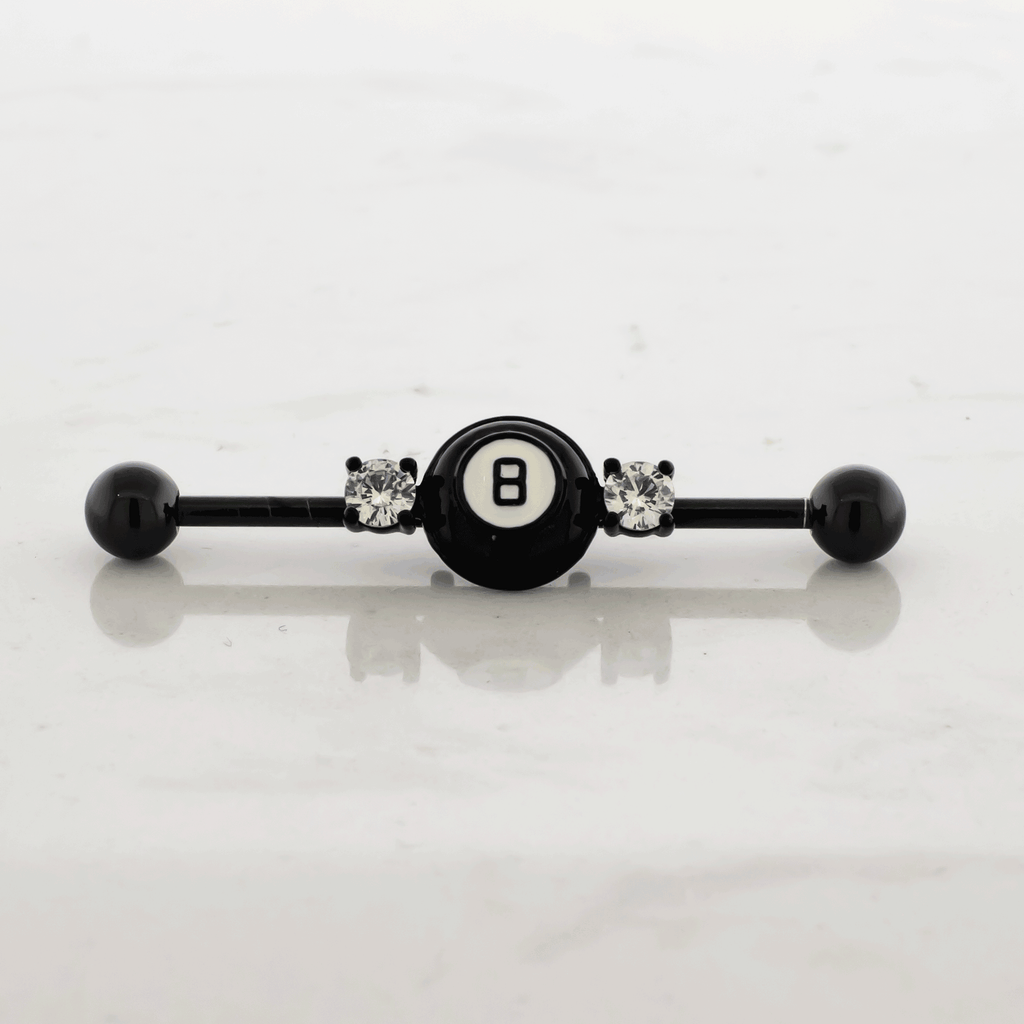 14G Industrial Barbell - Black Eight Ball | Body Jewelry | Wiccan Center