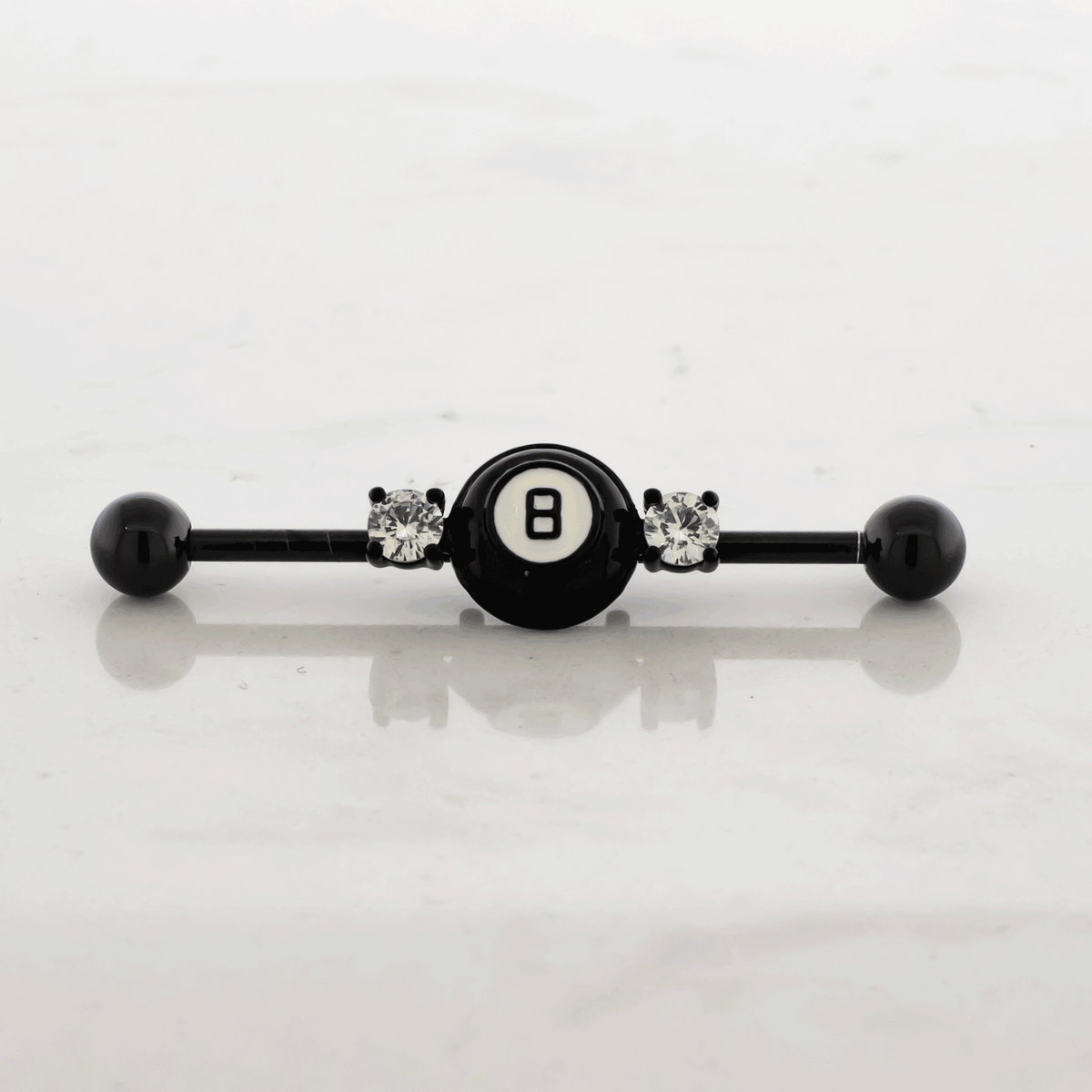 14G Industrial Barbell - Black Eight Ball | Body Jewelry | Wiccan Center