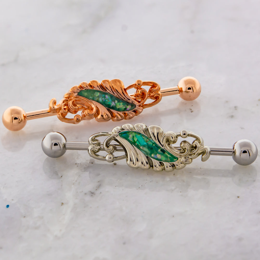 14G Filigree with Abalone Shell Inlay Industrial Barbell