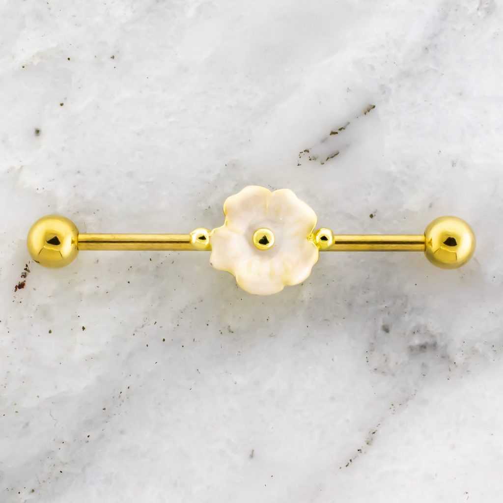 14G White Flower Industrial Barbell | | Wiccan Center