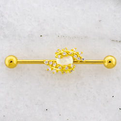 14G Gold Leaves With Center Opal Industrial Barbell | | Wiccan Center