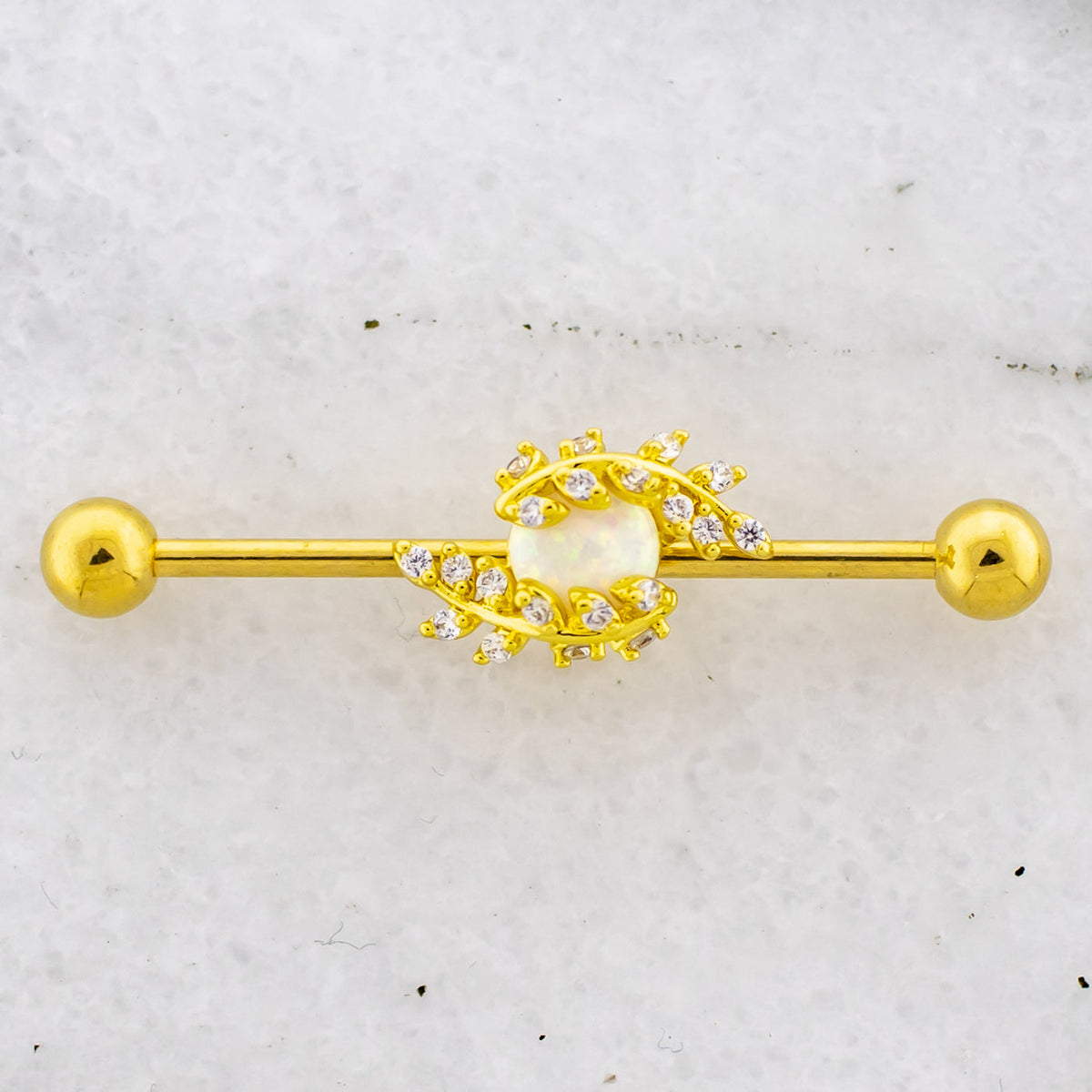 14G Gold Leaves With Center Opal Industrial Barbell | | Wiccan Center