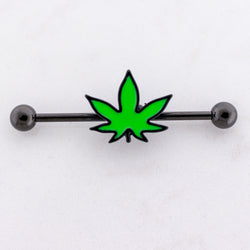 14G Industrial Barbell - Green Pot Leaf | Body Jewelry | Wiccan Center