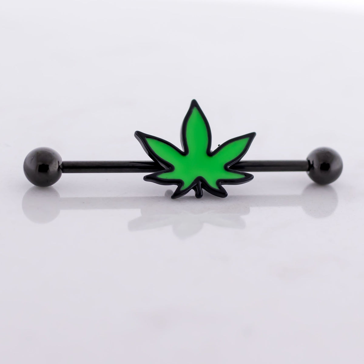 14G Industrial Barbell - Green Pot Leaf | Body Jewelry | Wiccan Center