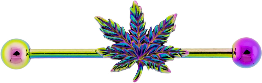14G Industrial Barbell - Rainbow Pot Leaf | Body Jewelry | Wiccan Center