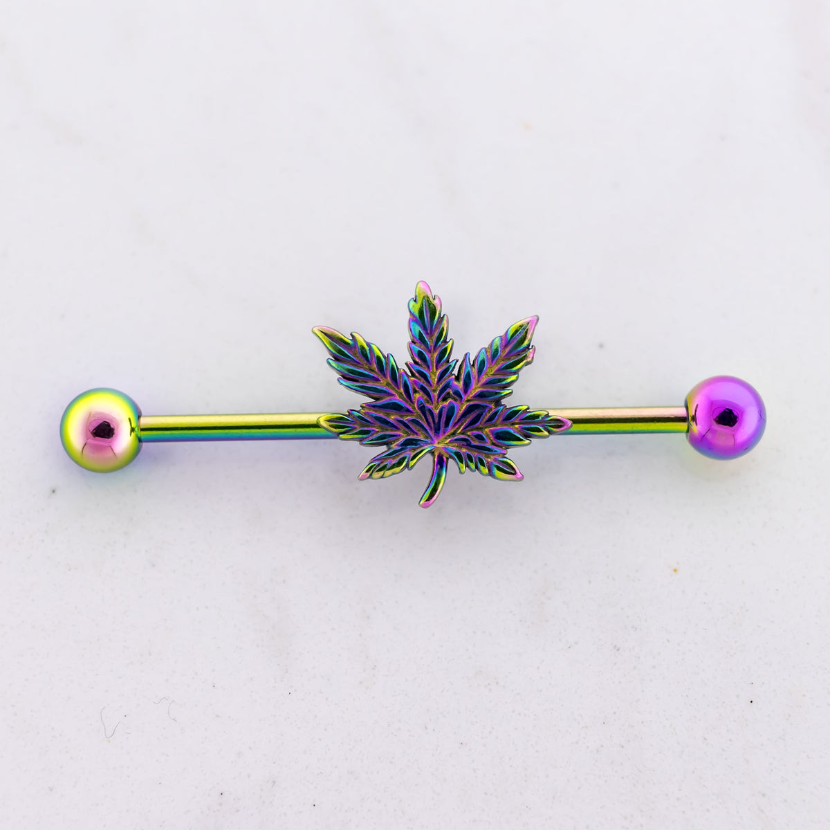14G Industrial Barbell - Rainbow Pot Leaf | Body Jewelry | Wiccan Center