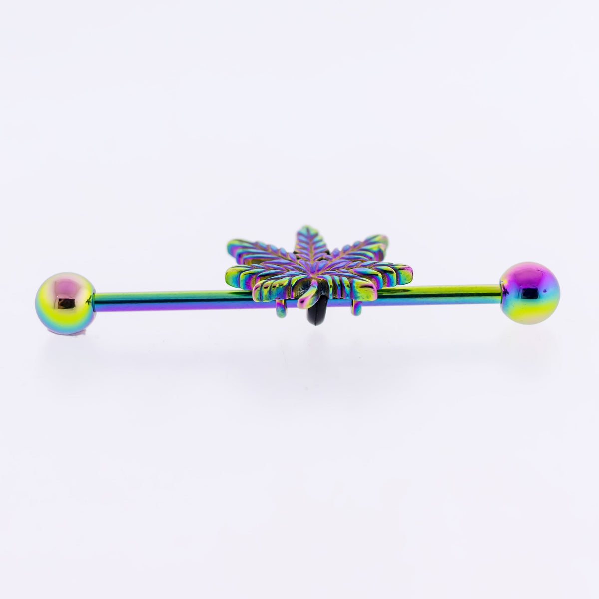 14G Industrial Barbell - Rainbow Pot Leaf | Body Jewelry | Wiccan Center