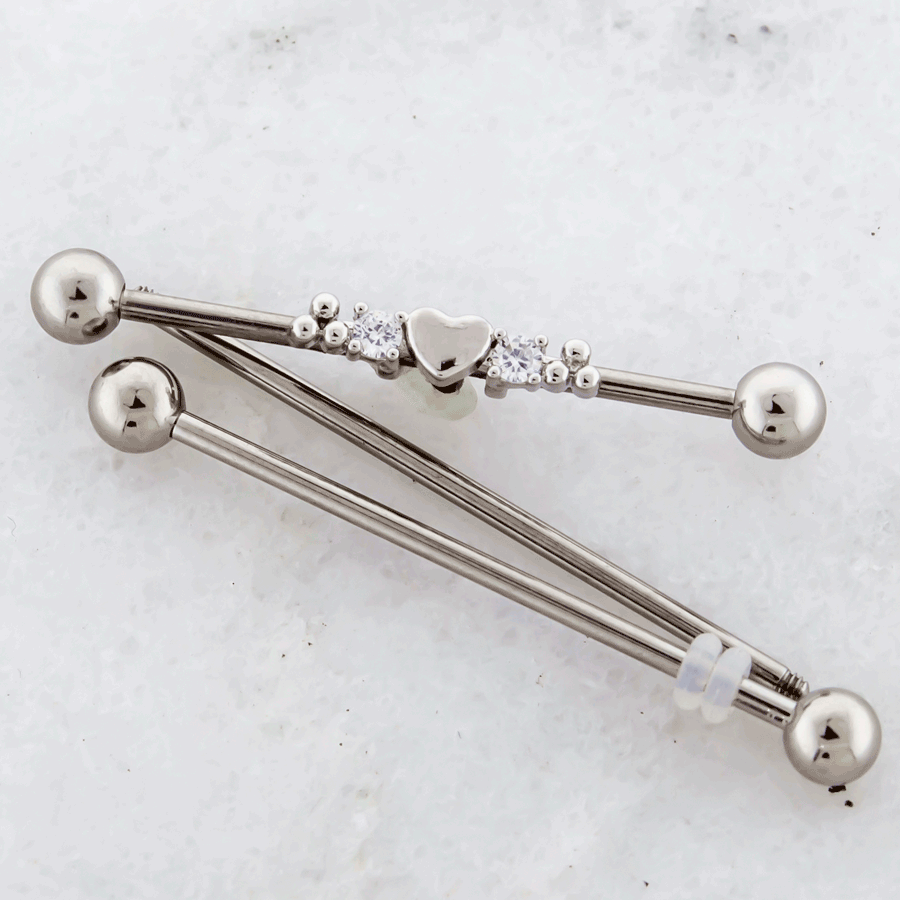 14G Heart With Beaded And Gem Accents Industrial Barbell | | Wiccan Center