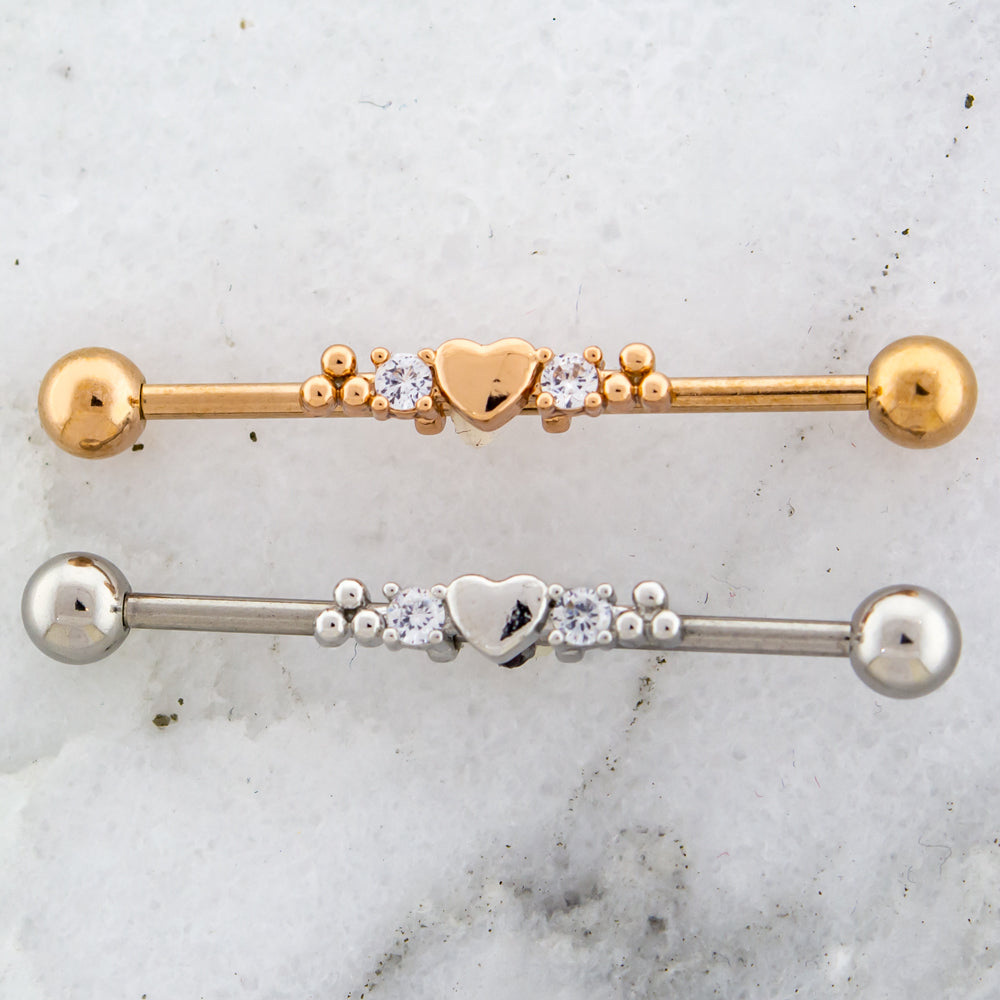 14G Heart With Beaded And Gem Accents Industrial Barbell | | Wiccan Center