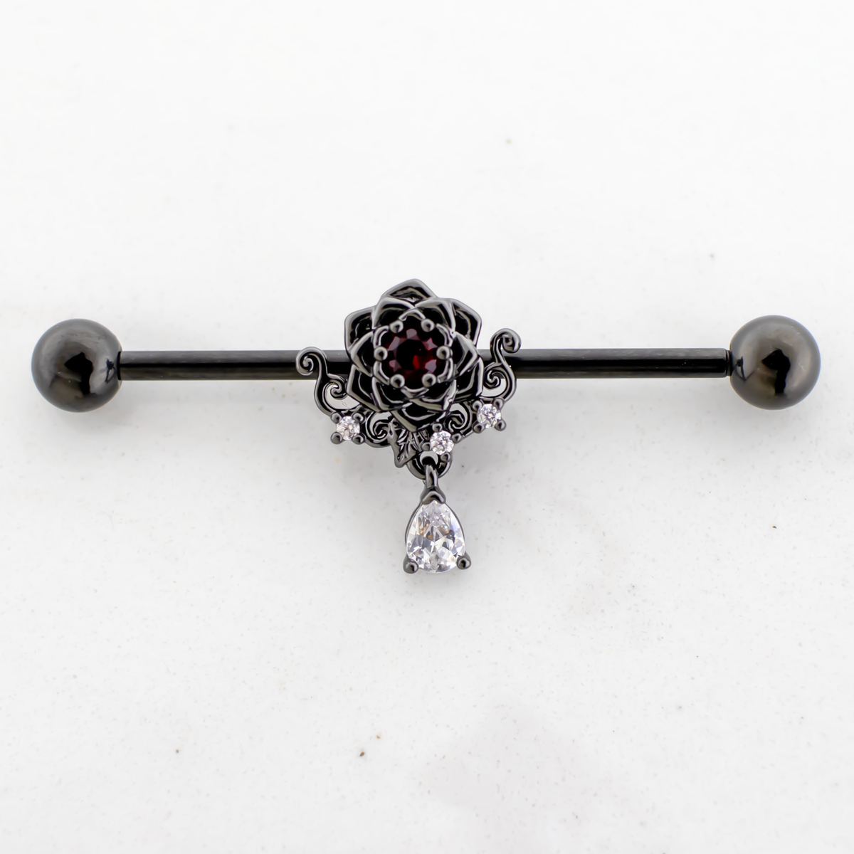 14G Industrial Barbell - Black Rose | Body Jewelry | Wiccan Center