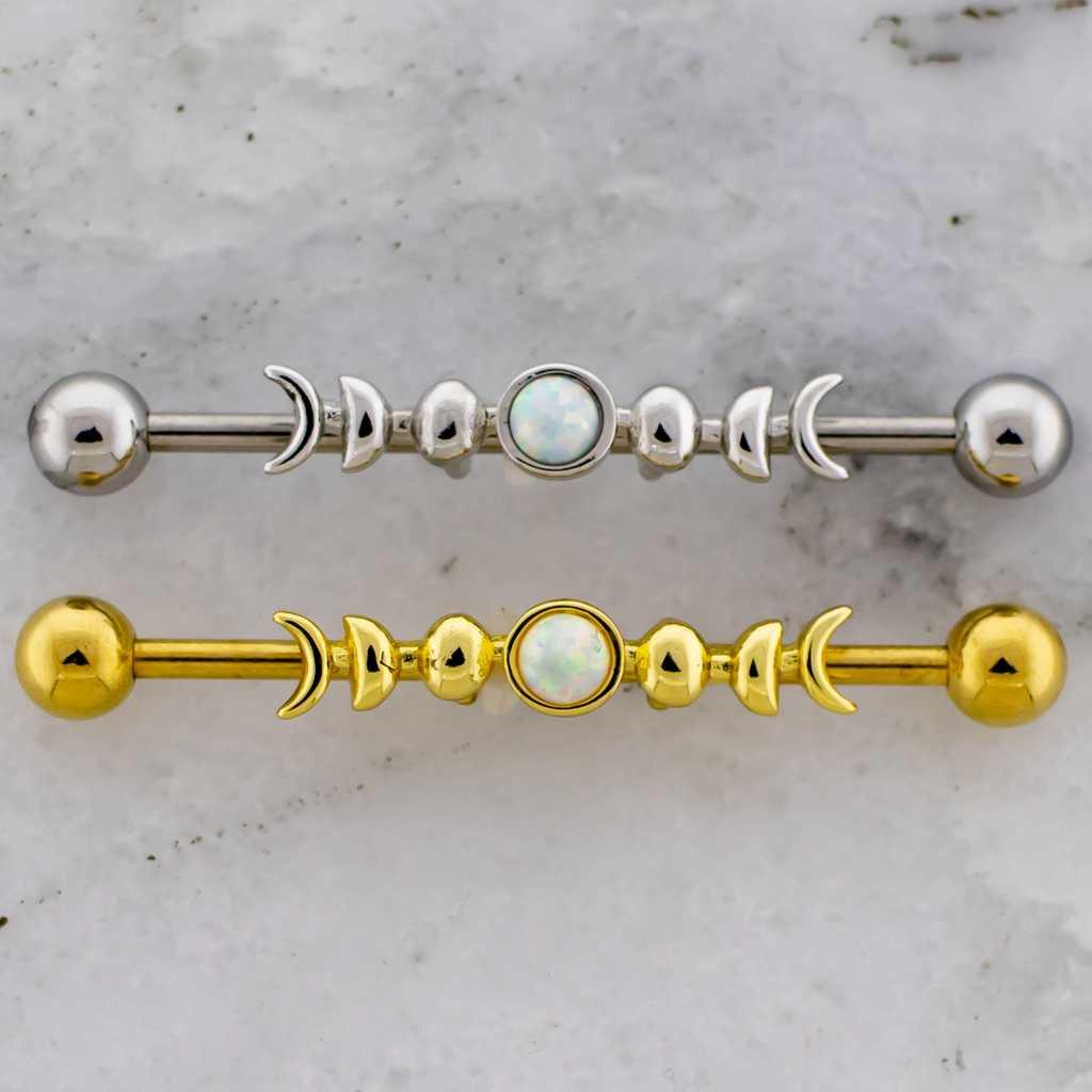 14G Moon Phases With Opal Industrial Barbell | | Wiccan Center
