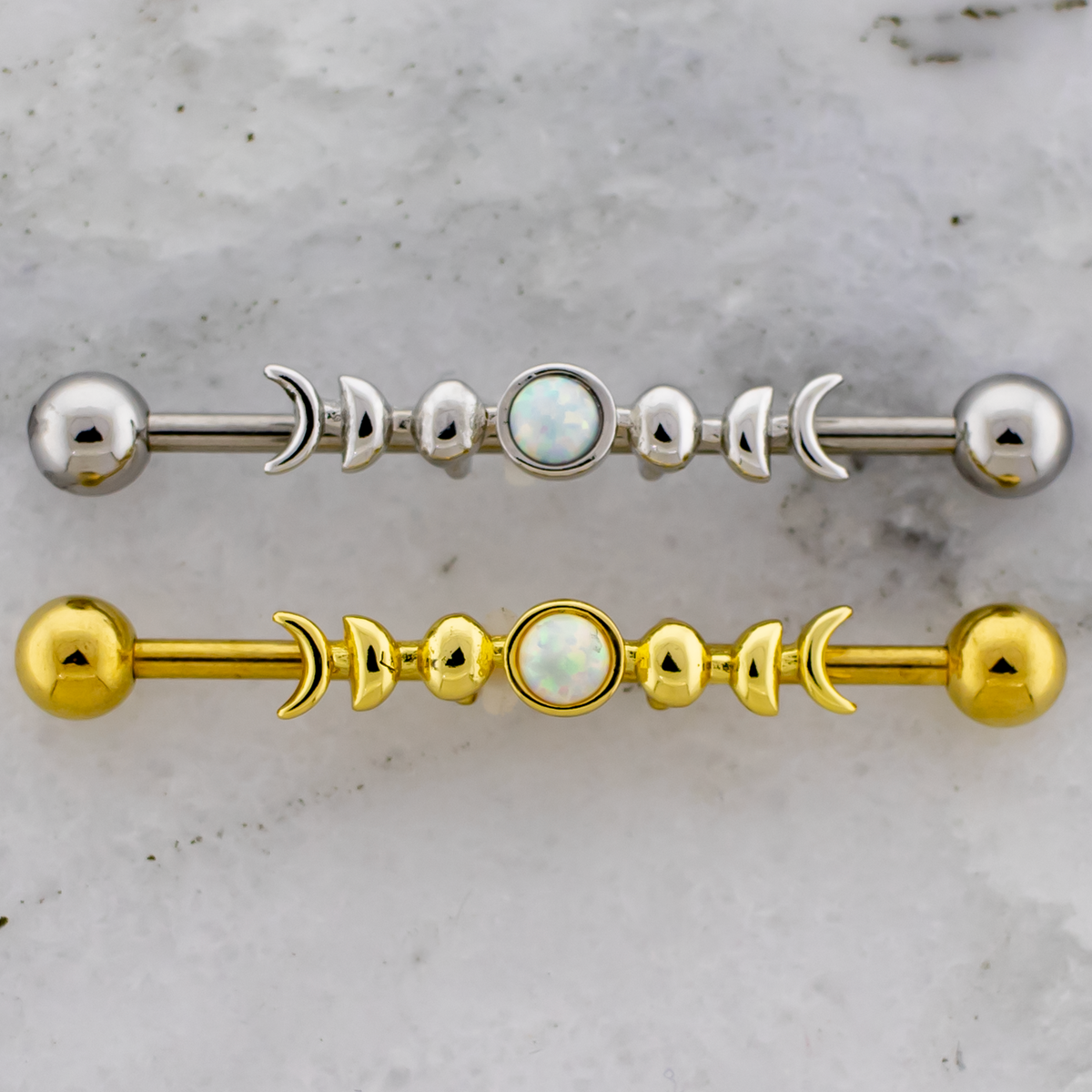 14G Moon Phases With Opal Industrial Barbell